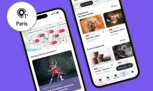 Deux téléphones affichant des suggestions d'activités à Paris ce soir. L'un montre une carte interactive, l'autre des expositions et spectacles.