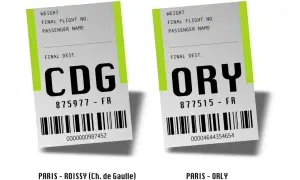 Deux étiquettes de bagage : une pour CDG (Paris-Roissy) et une pour ORY (Paris-Orly). Idéal pour la navette gratuite Montparnasse Orly.