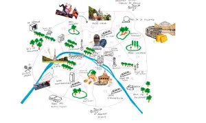 Carte des lieux de tournage d'Emily in Paris, avec des icônes pour la Tour Eiffel, le Sacré-Cœur, le Louvre et d'autres monuments parisiens.