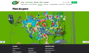 Plan interactif du parc Astérix, montrant les attractions numérotées et les zones.