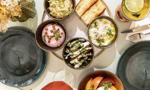 Un plateau de mezzés colorés, avec des dips crémeux, des toasts et une salade de tomates. Les belles plantes aromatiques ajoutent une touche de fraîcheur.