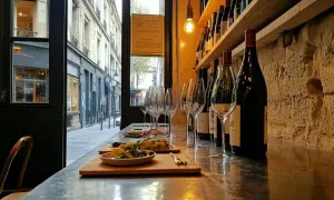 Verre à vin et petites assiettes sur le comptoir d'un bar à vin parisien, avec des bouteilles alignées sur une étagère en arrière-plan.