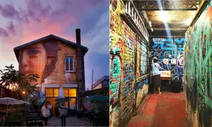 La gare le gore : un visage géant sur un bâtiment décrépit, contrastant avec un couloir aux murs couverts de graffitis colorés.