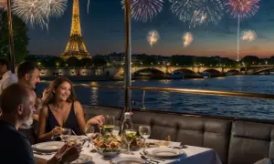 Dîner sur la Seine avec feu d'artifice pour le 31 décembre. Un restaurant ouvert pour célébrer le Nouvel An à Paris.