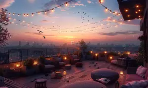 Ambiance féerique sur un toit-terrasse parisien, idéal pour profiter des meilleurs rooftop bars de Paris au coucher du soleil.
