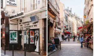 Théâtre de la Huchette et rue animée avec restaurants dans le quartier latin.