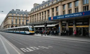 Un tramway blanc et bleu s'arrête devant la gare Montparnasse, une foule attend sur le quai.