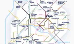 Plan du métro parisien avec les lignes 1, 3, 4, 5, 6, 7, 8, 9, 10, 12, 13, et 7 bis. Le Panthéon n'est pas directement indiqué, mais des stations comme Luxembourg ou Odéon (non visibles) sont proches.