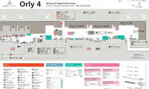 Plan du niveau 0 d'Orly 4, montrant les portes, les déposes bagages, les services et commerces pour faciliter votre transport à Orly Sud.