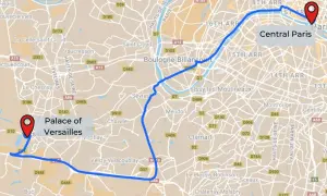 Carte montrant le trajet en RER de Paris à Versailles, avec le Palais de Versailles marqué.