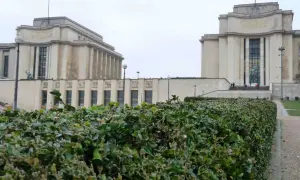 Le **Palais de Chaillot** à Paris, avec ses deux ailes symétriques et sa végétation luxuriante au premier plan.