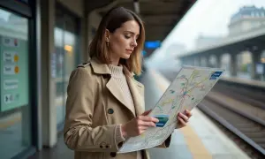 Femme cherchant son chemin sur une carte à la gare, planifiant son exploration de la zone 1 Paris.
