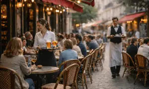 Une serveuse apporte des boissons à une terrasse animée, un serveur passe en arrière-plan. L'ambiance suggère le meilleur bistrot parisien.