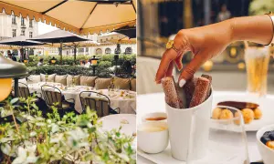 Terrasse chic à Paris, ambiance "coco paris". Des churros gourmands à déguster avec une boisson fraîche.
