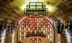 Ambiance unique aux Caves du Louvre, avis sur ce lieu historique et moderne. Bouteilles illuminées dans des alvéoles, table centrale.