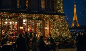 Un restaurant parisien décoré pour Noël, avec un sapin scintillant et la Tour Eiffel illuminée en arrière-plan. Un lieu chaleureux, ouvert le 24 décembre, où les gens dînent et profitent de la magie de la fête.