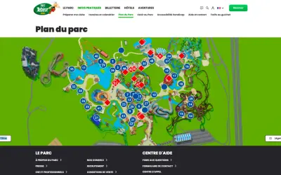 Plan interactif du parc Astérix, montrant les attractions numérotées et les zones.