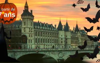 Citrouille géante et sorcière sur fond de château parisien. Idées pour savoir quoi faire pour Halloween, à partir de 7 ans. Chauves-souris et araignées volent.