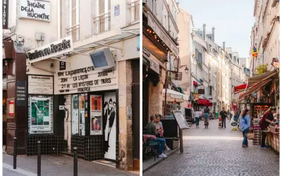 Théâtre de la Huchette et rue animée avec restaurants dans le quartier latin.