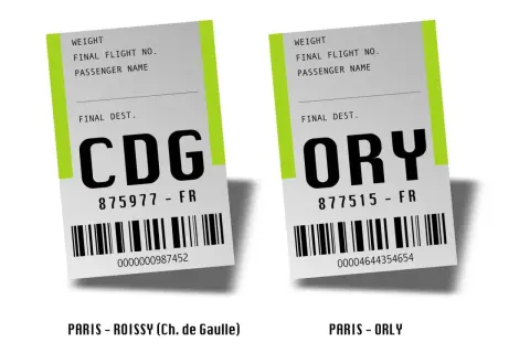 Deux étiquettes de bagage : une pour CDG (Paris-Roissy) et une pour ORY (Paris-Orly). Idéal pour la navette gratuite Montparnasse Orly.