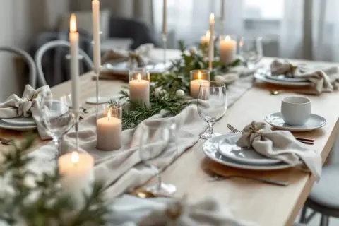 Table dressée pour une soiree de noel, avec bougies allumées, verres et couverts. Ambiance chaleureuse et festive.