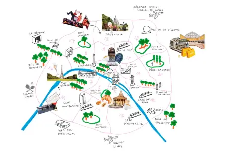 Carte des lieux de tournage d'Emily in Paris, avec des icônes pour la Tour Eiffel, le Sacré-Cœur, le Louvre et d'autres monuments parisiens.