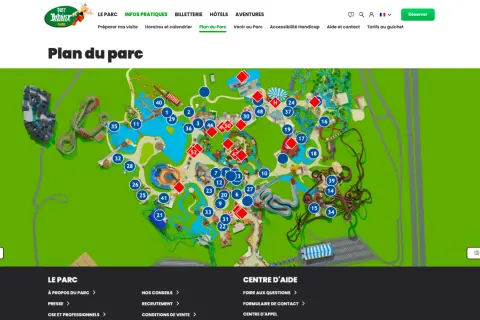 Plan interactif du parc Astérix, montrant les attractions numérotées et les zones.