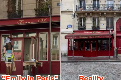 Comparaison de la façade du restaurant Terra Nera dans "Emily in Paris" et dans la réalité.