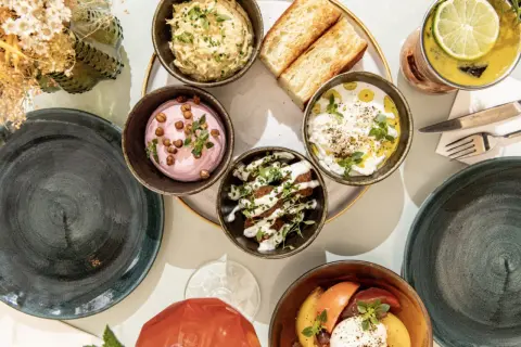 Un plateau de mezzés colorés, avec des dips crémeux, des toasts et une salade de tomates. Les belles plantes aromatiques ajoutent une touche de fraîcheur.