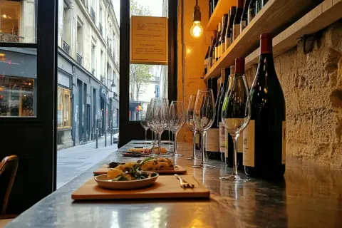 Verre à vin et petites assiettes sur le comptoir d'un bar à vin parisien, avec des bouteilles alignées sur une étagère en arrière-plan.
