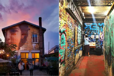 La gare le gore : un visage géant sur un bâtiment décrépit, contrastant avec un couloir aux murs couverts de graffitis colorés.