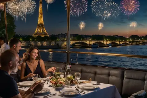 Dîner sur la Seine avec feu d'artifice pour le 31 décembre. Un restaurant ouvert pour célébrer le Nouvel An à Paris.