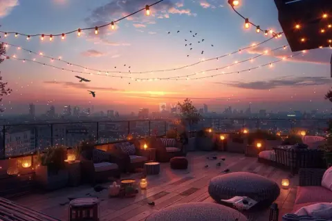 Ambiance féerique sur un toit-terrasse parisien, idéal pour profiter des meilleurs rooftop bars de Paris au coucher du soleil.