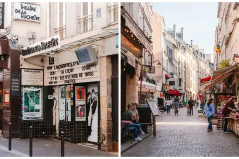 Théâtre de la Huchette et rue animée avec restaurants dans le quartier latin.