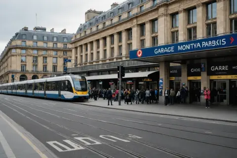 Un tramway blanc et bleu s'arrête devant la gare Montparnasse, une foule attend sur le quai.