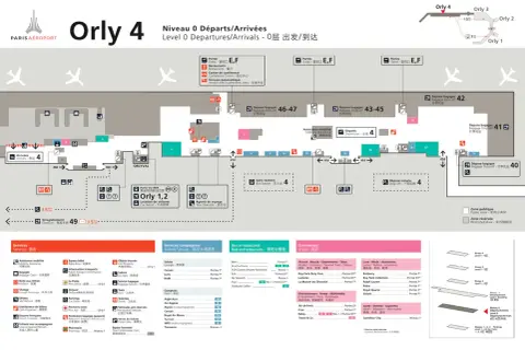 Plan du niveau 0 d'Orly 4, montrant les portes, les déposes bagages, les services et commerces pour faciliter votre transport à Orly Sud.