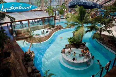 Ambiance tropicale à Aquaboulevard, avec ses piscines, jacuzzis et palmiers. Un lieu idéal pour profiter de l'eau, un vrai prix pour le plaisir.