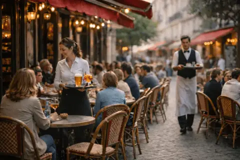 Une serveuse apporte des boissons à une terrasse animée, un serveur passe en arrière-plan. L'ambiance suggère le meilleur bistrot parisien.