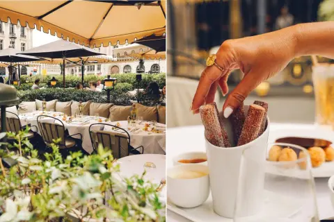 Terrasse chic à Paris, ambiance "coco paris". Des churros gourmands à déguster avec une boisson fraîche.