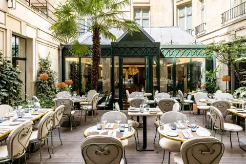 Cour intérieure d'un restaurant chic, tables dressées sous un palmier, ambiance paisible, comme un blossom de sérénité.