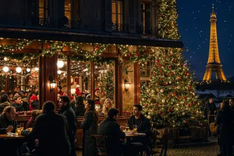 Un restaurant parisien décoré pour Noël, avec un sapin scintillant et la Tour Eiffel illuminée en arrière-plan. Un lieu chaleureux, ouvert le 24 décembre, où les gens dînent et profitent de la magie de la fête.