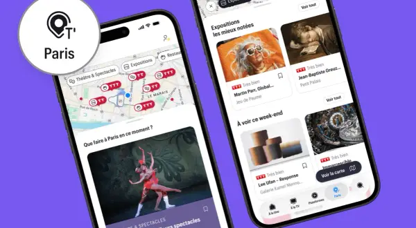 Deux téléphones affichant des suggestions d'activités à Paris ce soir. L'un montre une carte interactive, l'autre des expositions et spectacles.