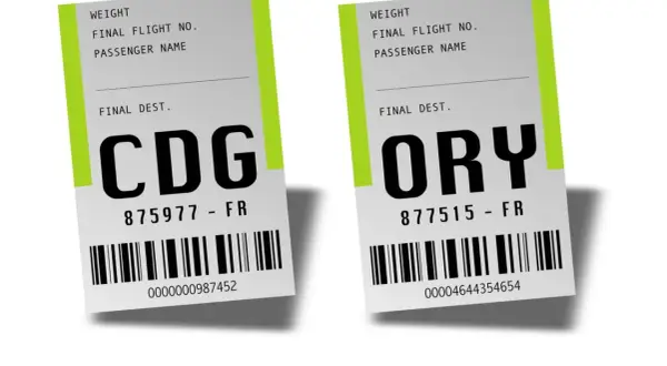 Deux étiquettes de bagage : une pour CDG (Paris-Roissy) et une pour ORY (Paris-Orly). Idéal pour la navette gratuite Montparnasse Orly.