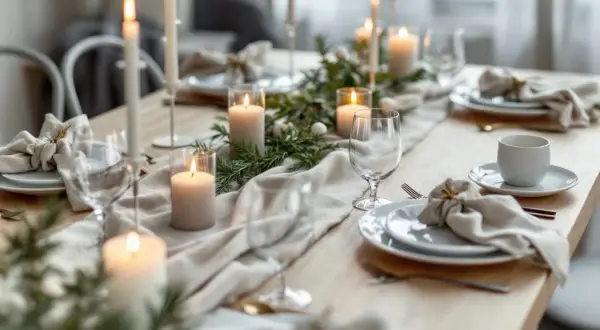 Table dressée pour une soiree de noel, avec bougies allumées, verres et couverts. Ambiance chaleureuse et festive.