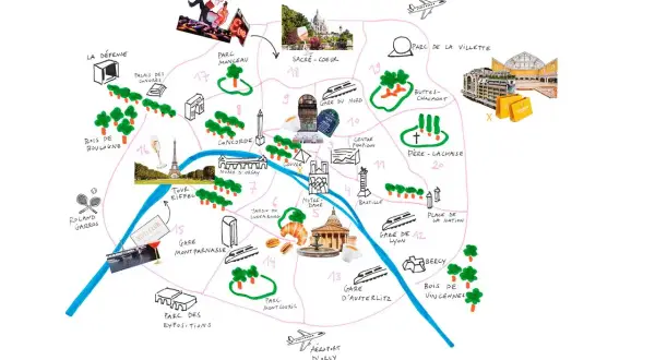 Carte des lieux de tournage d'Emily in Paris, avec des icônes pour la Tour Eiffel, le Sacré-Cœur, le Louvre et d'autres monuments parisiens.