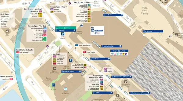 Plan du métro parisien montrant la gare de Lyon et ses environs, avec les lignes de RER et de métro.