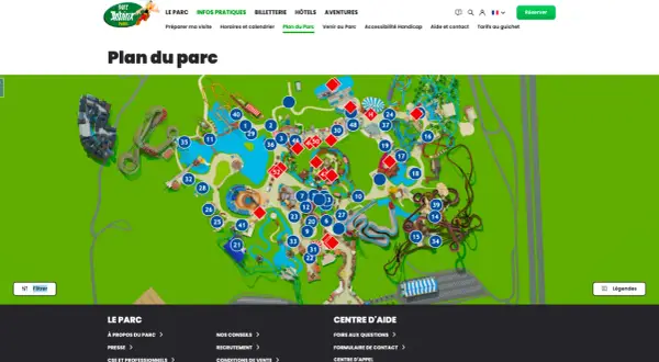 Plan interactif du parc Astérix, montrant les attractions numérotées et les zones.
