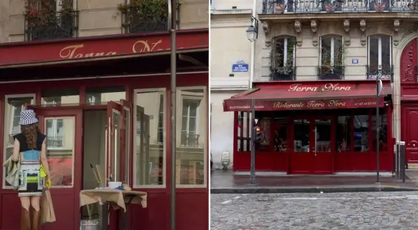 Comparaison de la façade du restaurant Terra Nera dans "Emily in Paris" et dans la réalité.