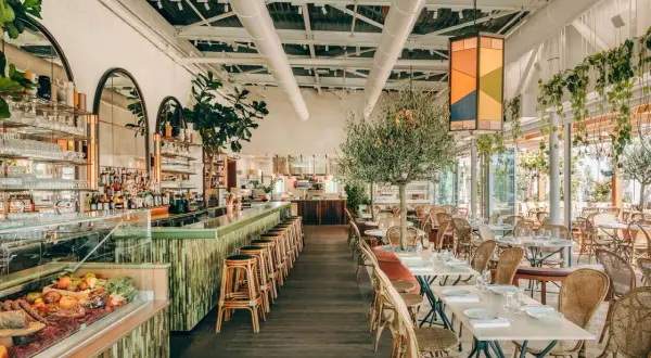 Ambiance chic au Perchoir Porte de Versailles : bar animé, tables dressées, oliviers et végétation luxuriante pour un repas en terrasse.