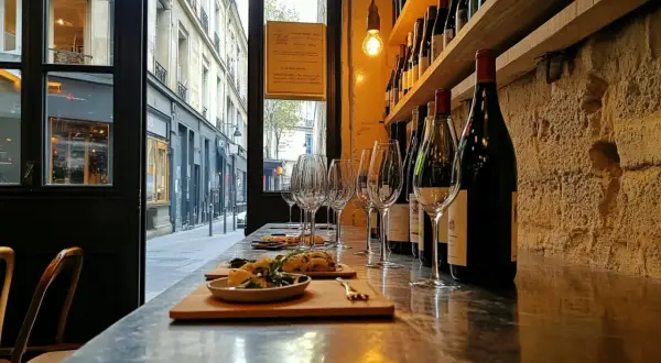 Verre à vin et petites assiettes sur le comptoir d'un bar à vin parisien, avec des bouteilles alignées sur une étagère en arrière-plan.
